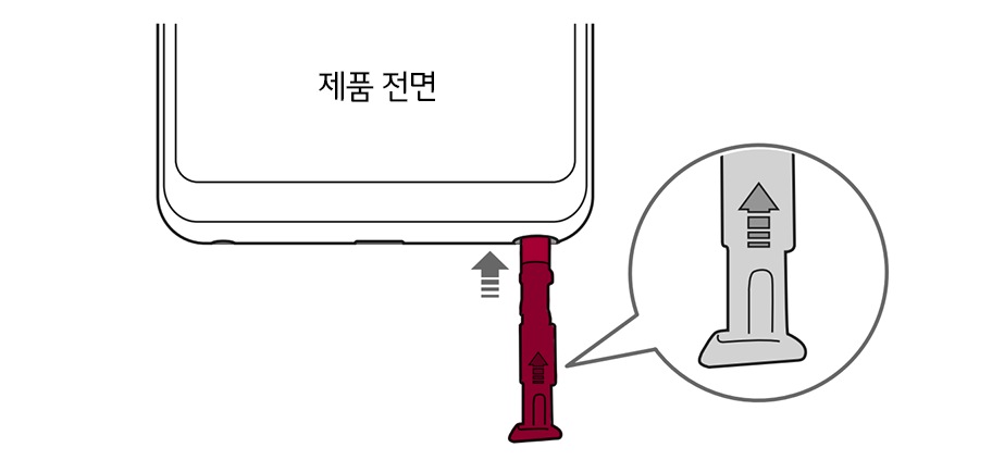 3. 아래 그림과 같이 스타일러스 펜의 화살표 그림이 제품 전면 방향에서 보이도록 맞추어 제품에 끼우세요1
