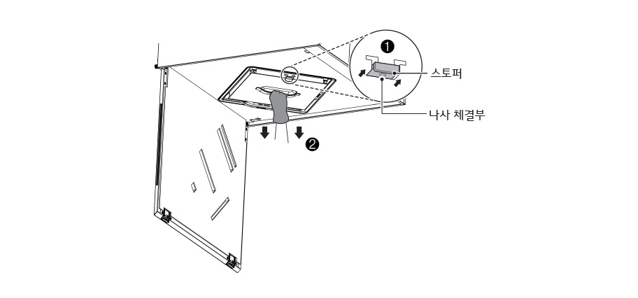 4. 나사를 푼 뒤 스토퍼를 당겨(❶) 전열교환소자를 분리하세요(❷)<br><br>▷ 나사를 풀 때 전열교환소자가 떨어지지 않도록 다른 손으로 잡아주세요 1
