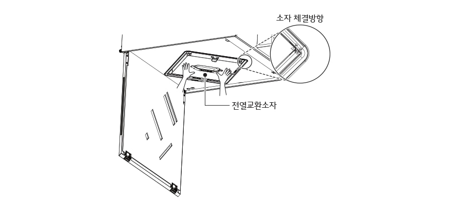 5. 신규 전열교환소자를 체결방향에 맞게 밀어 넣은 후 떨어지지 않도록 제품에 고정시키세요1