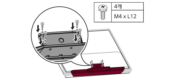 2. 동봉된 4개의 볼트를 사용하여 그림과 같이 제품에 데스크형 스탠드를 결합시키세요1