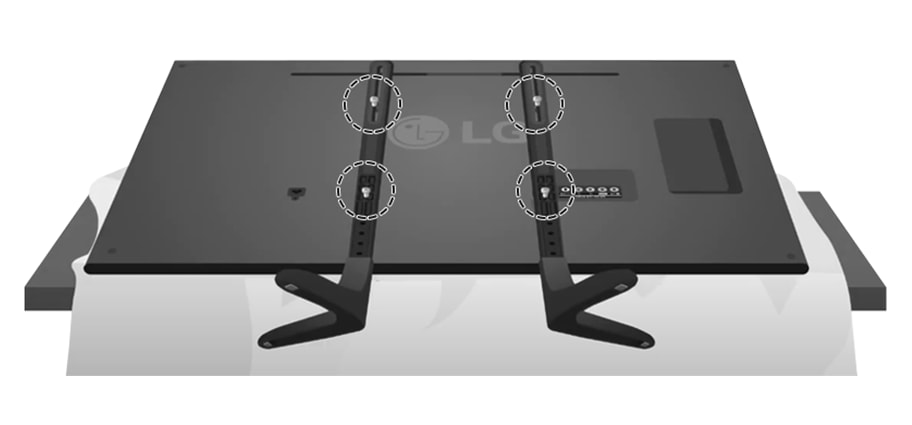 5. 브라켓 상단부가 TV 세트 상단부 바깥으로 돌출되면 브라켓을 재조립 합니다<br><br>6. 통합 스탠드의 베이스 부분을 TV 세트 하단부에 최대한 가까이 위치시켜, 스크류 4개를 이용하여 브라켓의 하단부 2곳을 먼저 체결하고 상단부 2곳을 체결합니다1