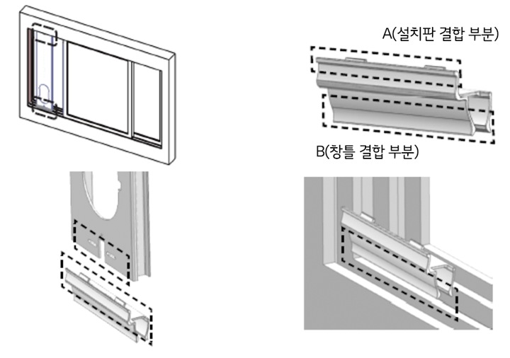 2. 창틀 홀더 결합 방법을 참고하여 창틀 홀더를 설치판의 상단과 하단에 연결한 후 창틀과 결합하세요<br><br>*창틀 홀더 결합 방법<br><br>1) 설치판 - 창틀 홀더 결합<br>설치판의 상단과 하단의 두 Hole 에 창틀 홀더의 A 부분이 결합 되도록 결합하세요<br><br>2) 창틀 홀더 - 창틀 결합<br>창틀에 창틀 홀더의 B 부분이 결합되도록 결합하세요1