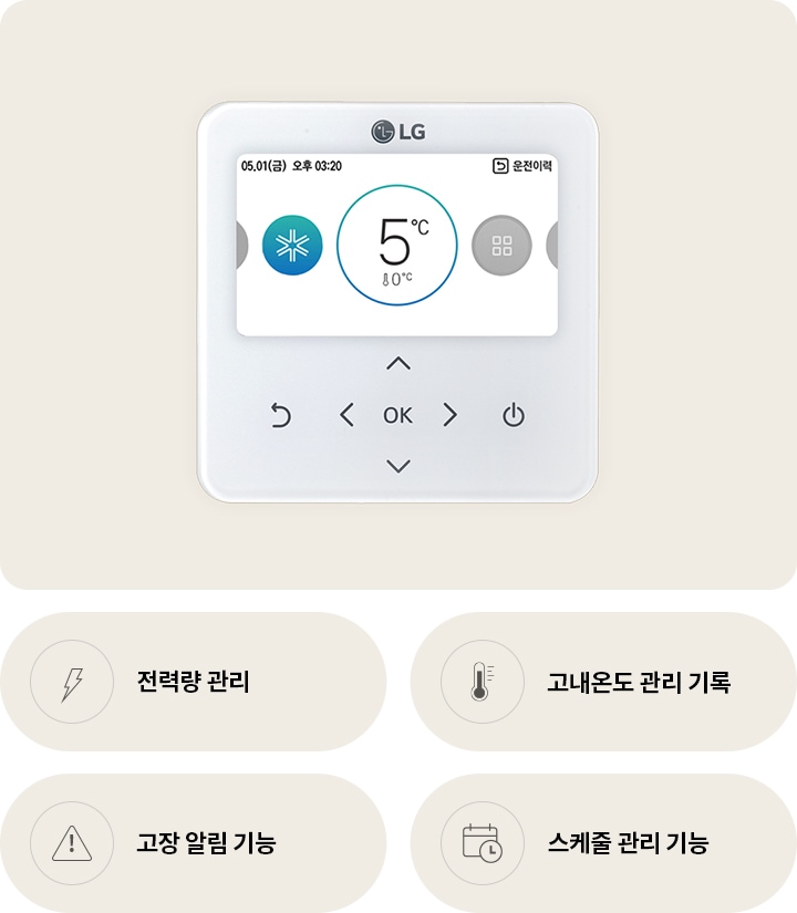 온도를 조절할 수 있는 유선 리모컨을 보여줍니다. 화면에는 