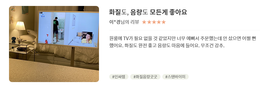 고객 리뷰2 - 리뷰 사진. 화질도, 음량도 모든게 좋아요. 이*경님의 리뷰. 별점 5점. 원룸에 TV가 필요 없을 것 같았지만 너무 예뻐서 주문했는데 안 샀으면 어쩔 뻔 했어요. 화질도 완전 좋고 음량도 마음에 들어요. 무조건 강추. 해시태그. #인싸템 #화질음량굿굿 #스탠바이미