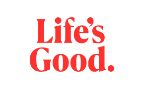 흰색 배경에 빨강색 Life's Good. 문구가 적힌 스택 슬로건 4 이미지