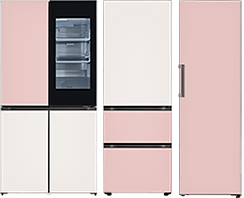 3대의 LG 오브제컬렉션 냉장고, 김치냉장고, 컨버터블 제품이 나란히 진열되어 있습니다.
