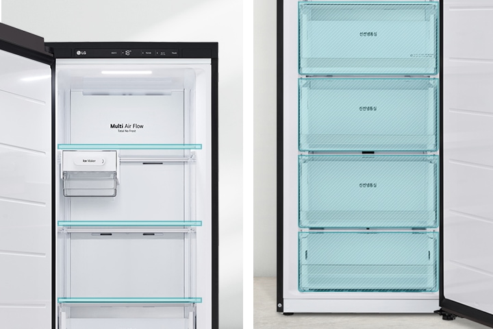 냉장고 내부 모습으로, 왼쪽에는 Multi Air Flow와 Ice Maker라는 텍스트가 보입니다. 내부에는 유리 선반이 여러 개 있으며, 오른쪽에는 서랍식 냉동실이 있습니다. 서랍에는 신선냉동이라는 텍스트가 적혀 있습니다. 냉장고 문이 열려 있어 내부 구조가 잘 보입니다.