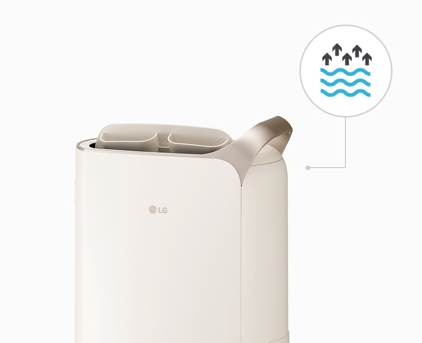 lg_휘센_제습기는_강력한_습기_흡수력으로_실내_공기를_쾌적하게_유지해_줍니다._이미지_속_물방울_모양의_아이콘과_위로_향하는_화살표는_습기를_빠르게_제거하여_쾌적한_실내_환경을_만드는_제습기의_기능을_시각적으로_보여줍니다.