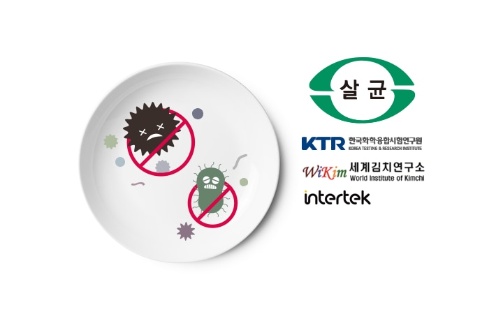 흰 접시에 두 개의 세균 그림이 그려져 있으며, 각각 빨간색 금지 표시가 되어 있습니다. 오른쪽에는 살균이라는 글자가 적힌 녹색 로고와 함께 한국화학융합시험연구원, 세계김치연구소, intertek이라는 문구가 나열되어 있습니다.