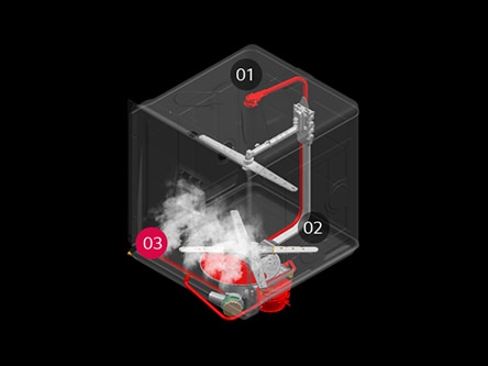 투명한 큐브 형태의 구조물 안에 빨간색 배관이 연결되어 있으며, 각기 다른 위치에 01, 02, 03이라는 숫자가 표시되어 있습니다. 03 위치에서는 증기가 발생하는 모습이 보입니다.