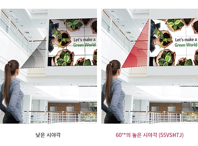실내_공간에서_한_여성이_큰_화면을_바라보고_있습니다._화면에는_식물_이미지와_함께_let's_make_a_green_world라는_문구가_적혀_있습니다._두_개의_이미지가_나란히_비교되고_있으며,_하나는_'낮은_시야각'을,_다른_하나는_'60°의_높은_시야각_(55vsh7j)'을_설명하고_있습니다.