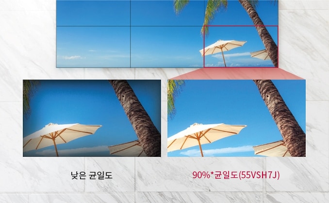 파란_하늘과_야자수,_흰색_파라솔이_있는_이미지가_여러_화면에_걸쳐_나뉘어_있습니다._두_개의_작은_이미지가_비교되며,_하나는_낮은_균일도라고_표시되어_있고,_다른_하나는_90%*_균일도_(55vsh7j)라고_표시되어_있습니다._배경은_대리석_무늬입니다.
