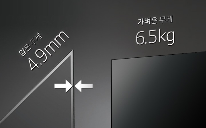 두께가_4.9mm인_얇은_두께와_무게가_6.5kg인_가벼운_무게를_강조하는_이미지입니다._배경은_어두운_색상으로_되어_있으며,_두께를_나타내는_화살표가_포함되어_있습니다.