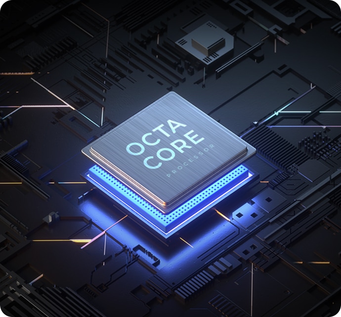 이미지에는_octa_core_processor라는_텍스트가_있는_프로세서_칩이_보입니다._칩은_빛나는_파란색_조명으로_강조되어_있으며,_주변에는_복잡한_회로_패턴이_있는_전자_기판이_배경으로_펼쳐져_있습니다.