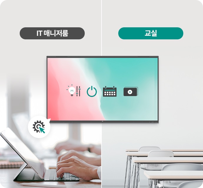 이미지는_두_부분으로_나뉘어_있으며,_왼쪽에는_it_매니저룸이라는_텍스트가_있고,_오른쪽에는_교실이라는_텍스트가_있습니다._중앙에는_큰_화면이_있으며,_화면에는_다양한_아이콘들이_나열되어_있습니다._화면_앞에는_노트북을_사용하는_손과_책상이_보입니다.