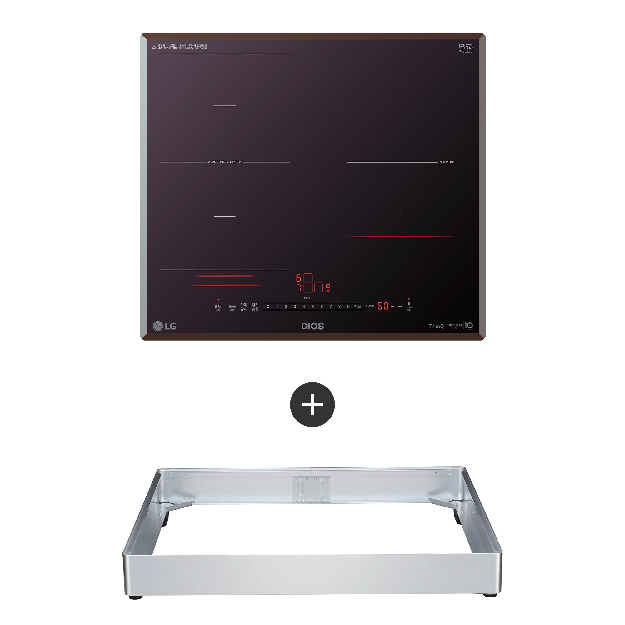 이미지에는 LG DIOS 인덕션 쿡탑이 있으며, 검은색 표면에 다양한 조작 버튼과 디지털 디스플레이가 있습니다. WIDE ZONE INDUCTION, INDUCTION 등의 텍스트가 보입니다. 하단에는 ThinQ와 AI DD 로고가 있습니다. 쿡탑 아래에는 금속 재질의 사각형 받침대가 놓여 있으며, 두 개의 이미지 사이에 플러스 기호가 있습니다.