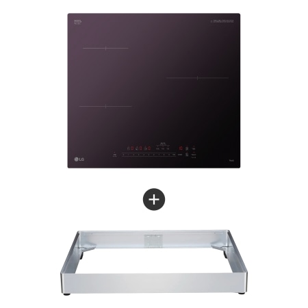 검은색 상판의 인덕션 전기레인지가 위쪽에 위치해 있으며, 하단에는 금속 재질의 사각형 프레임이 놓여 있습니다. 인덕션 상판에는 조작 버튼과 함께 LG 로고가 보입니다. 두 제품 사이에는 더하기 기호가 있습니다. 인덕션 표면에는 세 개의 조리 구역이 표시되어 있습니다.