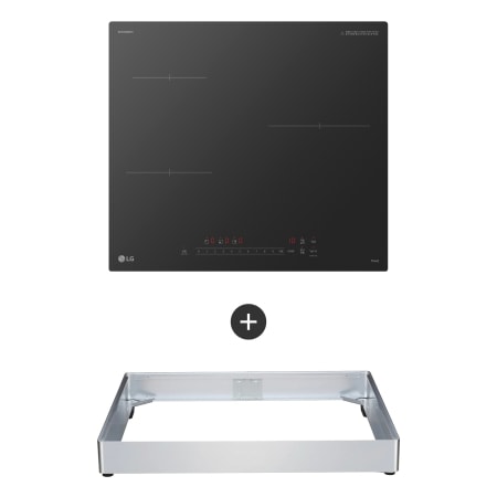 검은색 전기 인덕션 레인지가 위쪽에 위치하고 있으며, 하단에는 금속 재질의 사각형 프레임이 보입니다. 인덕션 레인지의 표면에는 네 개의 조리 구역을 나타내는 선이 그려져 있으며, 하단 중앙에는 조작 버튼이 배열되어 있습니다. 인덕션 레인지의 왼쪽 하단에는 LG 로고가 있습니다. 인덕션 레인지와 금속 프레임 사이에는 더하기 기호가 있어 두 제품이 함께 제공됨을 나타내고 있습니다.
