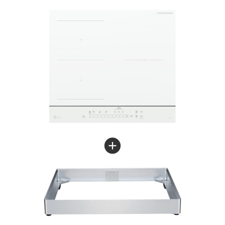 하얀색 전기 인덕션 레인지가 위쪽에 있고, 그 아래에는 금속 재질의 사각형 받침대가 있습니다. 인덕션 레인지의 표면에는 세 개의 조리 구역이 표시되어 있으며, 하단에는 다양한 기능을 조작할 수 있는 버튼들이 나열되어 있습니다. 인덕션 레인지와 받침대 사이에는 더하기 기호가 있습니다. 제품의 상단 오른쪽에는 FLEX ZONE이라는 텍스트가 보입니다.