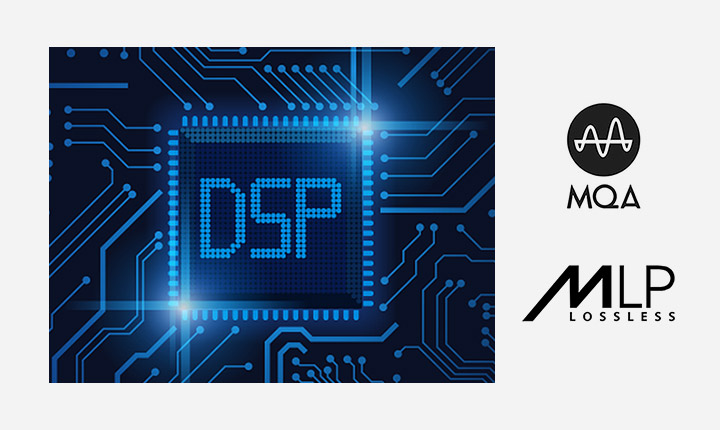 MQA 로고와 MLP LOSSLESS 로고가 있으며, 전자 회로 배경 위에 DSP라는 글자가 있는 디지털 칩 이미지가 있습니다.