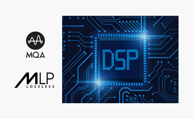 MQA 로고와 MLP LOSSLESS 로고가 있으며, 전자 회로 배경 위에 DSP라는 글자가 있는 디지털 칩 이미지가 있습니다.