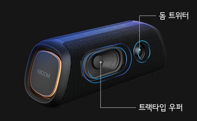 검은색_배경에_xboom_로고가_있는_스피커_이미지입니다._스피커의_특정_부분이_강조되어_있으며,_돔_트위터와_트랙타입_우퍼라는_텍스트가_표시되어_있습니다.