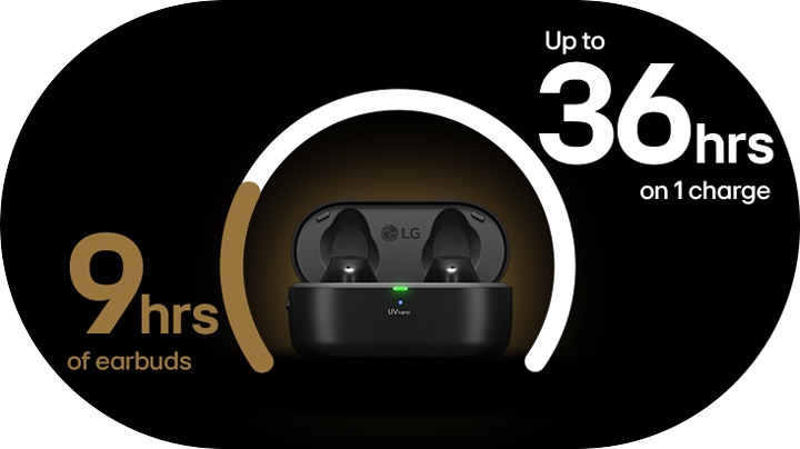 LG 로고가 있는 무선 이어버드가 충전 케이스에 담겨 있으며, 9 hrs of earbuds와 Up to 36 hrs on 1 charge라는 문구가 포함되어 있습니다. 배경은 어두운 색상으로 강조되어 있습니다.