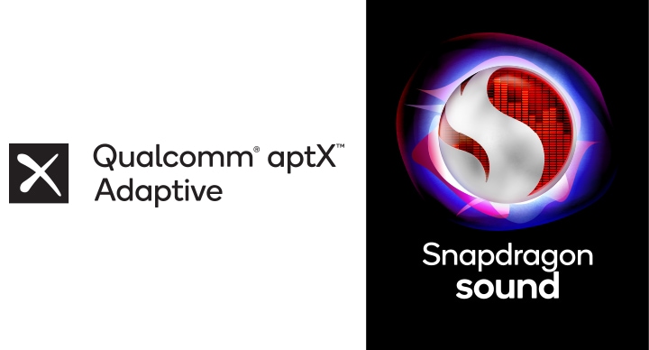 Qualcomm aptX Adaptive라는 텍스트가 있는 흰색 배경과 Snapdragon sound라는 텍스트가 있는 검은색 배경이 나란히 배치되어 있습니다. Snapdragon sound 텍스트 위에는 붉은색과 흰색이 조합된 구 형태의 로고가 있습니다.