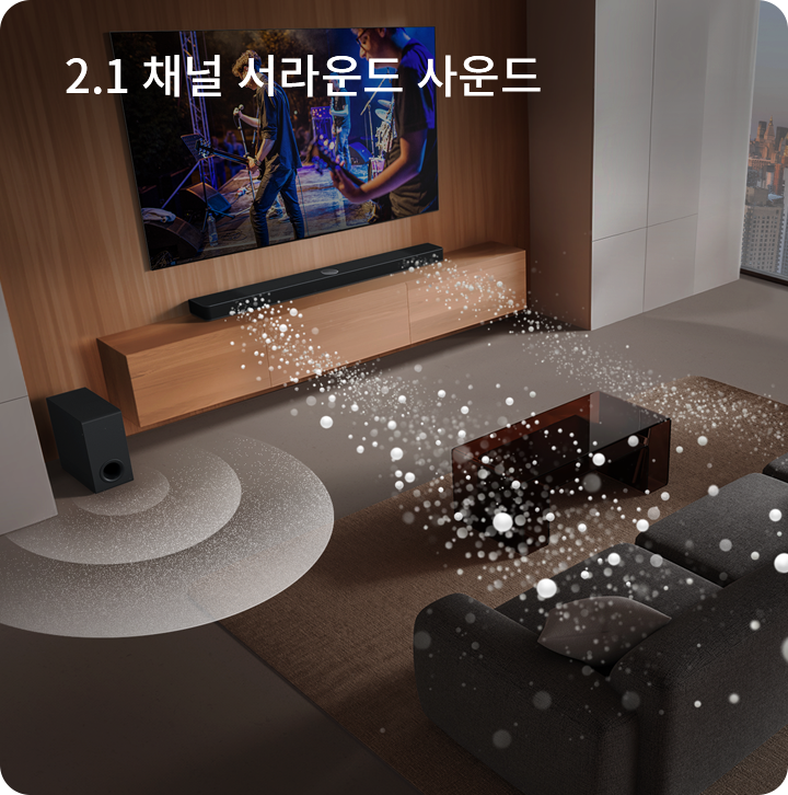 WOW 인터페이스라는 텍스트가 상단에 있으며, TV 화면에는 LG Sound bar 설정 화면이 보입니다. Enjoy 3D sound with a woofer and rear speaker connected to the LG Sound Bar.라는 설명과 함께 Mute, Sound Mode, Sound Out 옵션이 나열되어 있습니다. 리모컨이 화면 앞에 놓여 있습니다. 배경에는 LG ThinQ/Matter Devices와 관련된 다양한 기기 아이콘이 보입니다.