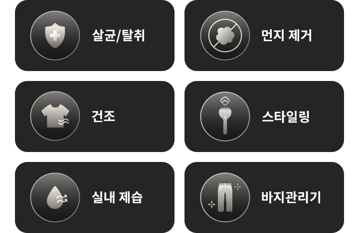 살균/탈취, 먼지 제거, 건조, 스타일링, 실내 제습, 바지 관리기라는 텍스트가 각각의 아이콘과 함께 배치되어 있습니다. 