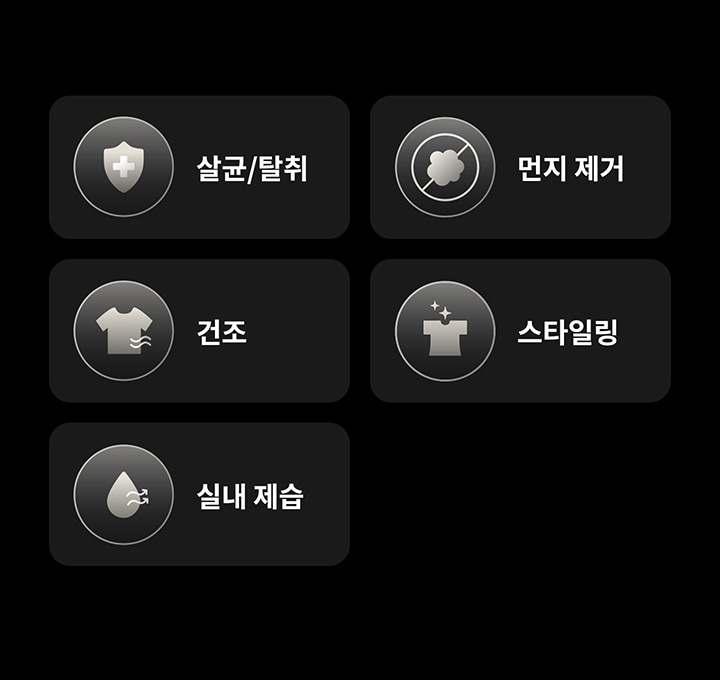 살균/탈취, 먼지 제거, 건조, 스타일링, 실내 제습이라는 글자가 각각의 버튼 안에 적혀 있습니다. 각 버튼에는 관련된 아이콘이 함께 있습니다. 