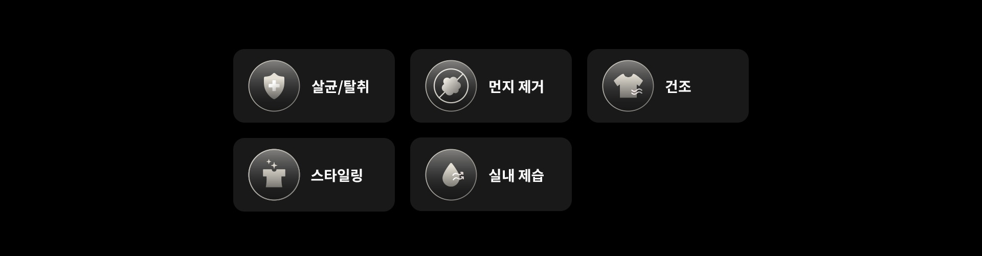 살균/탈취, 먼지 제거, 건조, 스타일링, 실내 제습이라는 글자가 각각의 버튼 안에 적혀 있습니다. 각 버튼에는 관련된 아이콘이 함께 있습니다. 