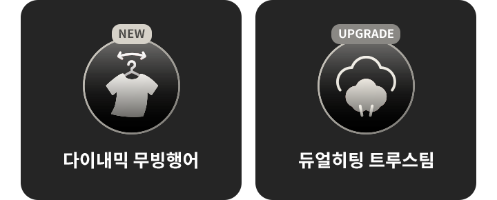 두개의 원형 아이콘이 나열되어 있습니다. 첫 번째 아이콘은 옷걸이 모양으로 NEW 다이내믹 무빙행어라는 텍스트가 있습니다. 두 번째 아이콘은 구름 모양으로 UPGRADE 듀얼히팅 트루스팀이라는 텍스트가 있습니다.
