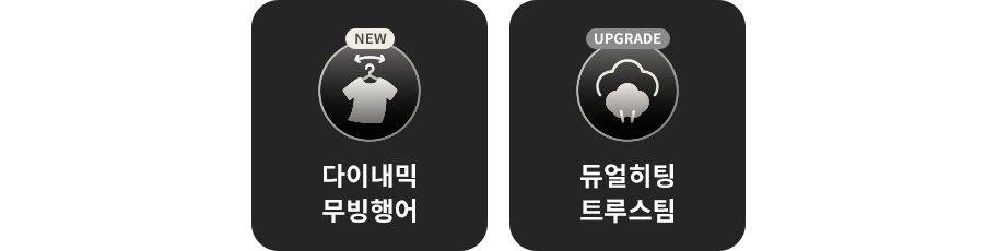 두개의 원형 아이콘이 나열되어 있습니다. 첫 번째 아이콘은 옷걸이 모양으로 NEW 다이내믹 무빙행어라는 텍스트가 있습니다. 두 번째 아이콘은 구름 모양으로 UPGRADE 듀얼히팅 트루스팀이라는 텍스트가 있습니다.
