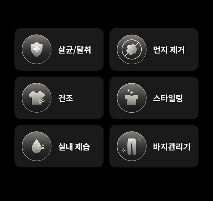 검정색 배경에 여섯 개의 아이콘이 배열되어 있습니다. 각각의 아이콘은 살균/탈취, 먼지 제거, 건조, 스타일링, 실내 제습, 바지 관리기를 나타내며, 각 아이콘에는 관련된 그림이 포함되어 있습니다.