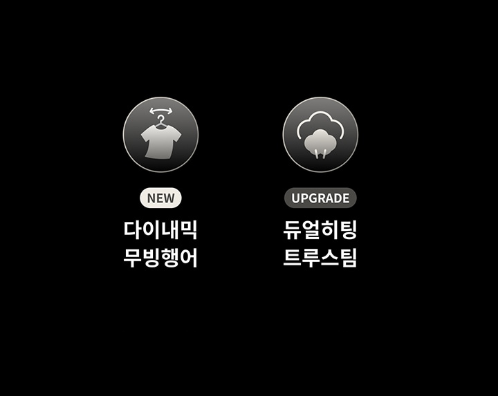 검정 배경에 두 개의 원형 아이콘이 있습니다. 첫 번째 아이콘은 회전하는 티셔츠 그림과 함께 NEW 다이내믹 무빙행어라는 텍스트가 있습니다. 두 번째 아이콘은 솜 모양 그림과 함께 UPGRADE 듀얼히팅 트루스팀이라는 텍스트가 포함되어 있습니다.