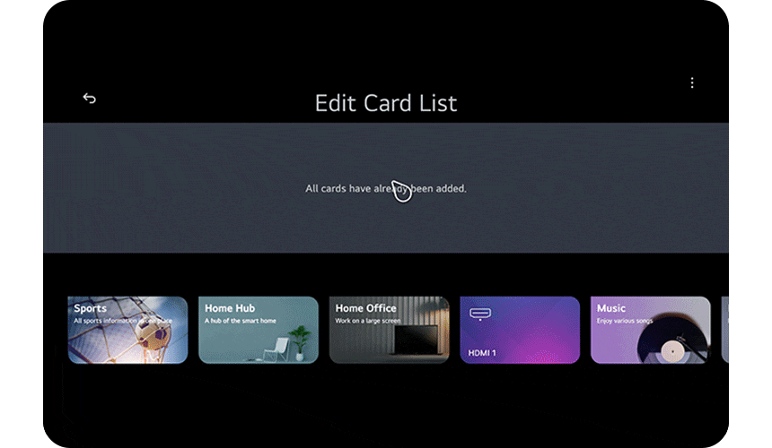 화면에는_edit_card_list라는_제목이_있고,_all_cards_have_already_been_added.라는_메시지가_표시되어_있습니다._아래에는_여러_카드가_나열되어_있으며,_각각_sports,_home_hub,_home_office,_hdmi_1,_music이라는_제목과_함께_관련_이미지를_포함하고_있습니다.