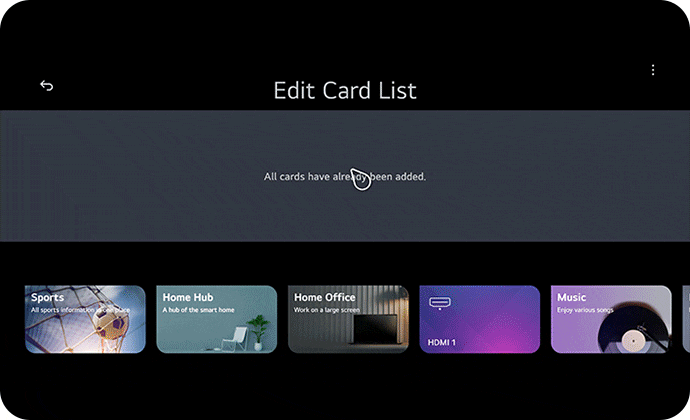 화면에는_edit_card_list라는_제목이_있고,_all_cards_have_already_been_added.라는_메시지가_표시되어_있습니다._아래에는_여러_카드가_나열되어_있으며,_각각_sports,_home_hub,_home_office,_hdmi_1,_music이라는_제목과_함께_관련_이미지를_포함하고_있습니다.