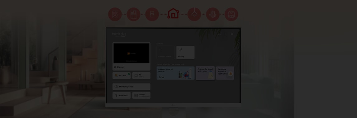 LG 스마트모니터 화면 중앙에는 Home Hub라는 제목 아래 다양한 기능이 표시되어 있습니다. 왼쪽에는 LG Channels와 PC라는 두 개의 선택 옵션이 있으며, 그 아래에는 Monitor Speaker, Bluetooth, Camera라는 버튼이 나열되어 있습니다. 오른쪽 상단에는 AirPlay 기능이 있으며, 그 아래에는 Connect Home IoT Devices, Change the Mood with Lights, Get Home Appliance Notifications라는 세 가지 선택지가 있습니다.