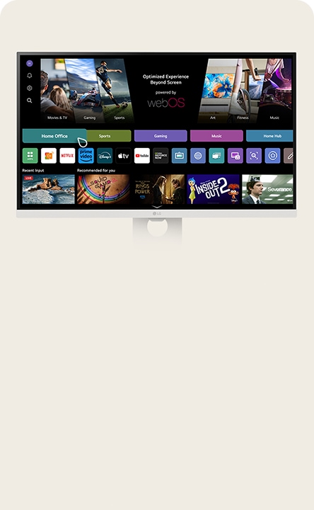 LG 스마트모니터 화면에는 다양한 애플리케이션과 콘텐츠가 표시되어 있습니다. 화면 상단에는 Optimized Experience Beyond Screen powered by webOS라는 문구가 중앙에 위치하고 있습니다. 그 아래에는 Movies & TV, Gaming, Sports, Art, Fitness, Music 등의 카테고리가 나열되어 있습니다. 중간 부분에는 Home Office, Sports, Gaming, Music, Home Hub 등의 아이콘이 배열되어 있으며, 그 아래에는 Netflix, Prime Video, Apple TV, YouTube 등의 스트리밍 서비스 아이콘이 있습니다. 화면 하단에는 Recent Input, Recommended for you라는 섹션이 있으며, 다양한 영화와 TV 프로그램의 이미지가 포함되어 있습니다. 배경은 밝은 색상입니다.