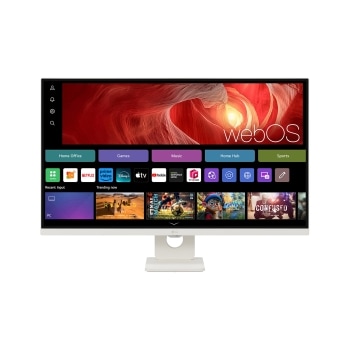 모니터 화면에 "webOS"라는 텍스트가 보이며, 다양한 애플리케이션 아이콘과 메뉴가 표시되어 있습니다. 메뉴에는 "Home Office", "Games", "Music", "Home Hub", "Sports"가 있으며, 여러 스트리밍 서비스와 관련된 아이콘들이 나열되어 있습니다. 모니터는 깔끔한 디자인으로 배경은 단색입니다.