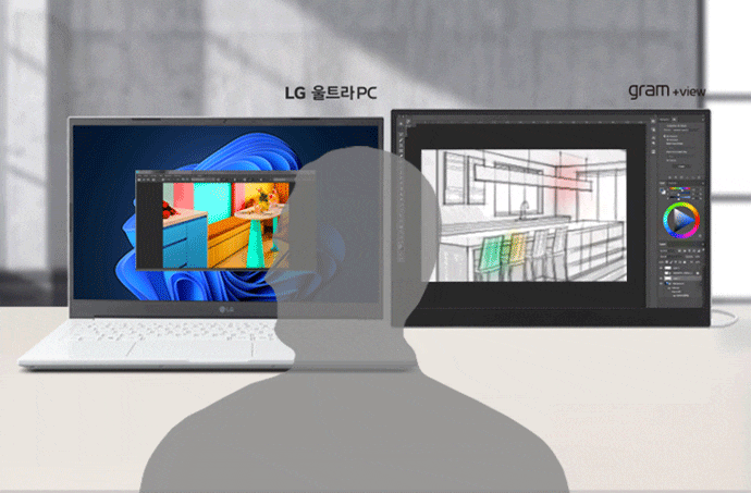 lg_울트라pc와_gram+view_모니터가_나란히_놓여_있으며,_두_화면에는_각각_그래픽_소프트웨어가_실행_중입니다._사람의_실루엣이_보이고,_배경은_밝은_색상으로_구성되어_있습니다.