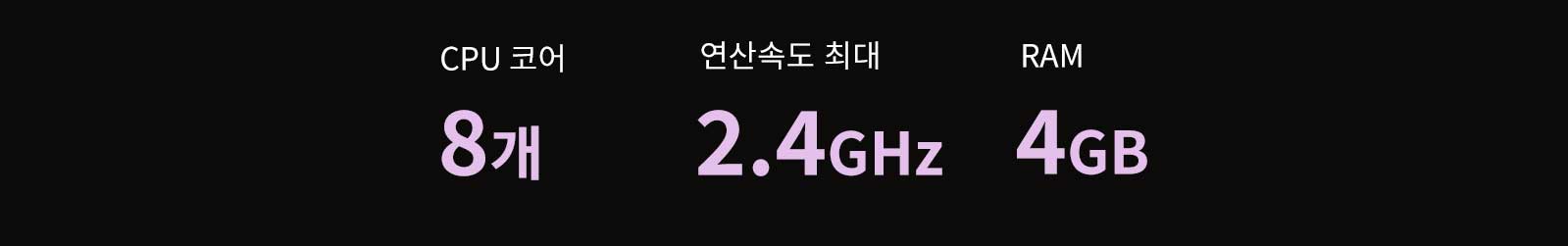 검은 배경에 보라색 글씨로 CPU 코어 8개, 연산속도 최대 2.4GHz, RAM 4GB라고 적혀 있습니다.