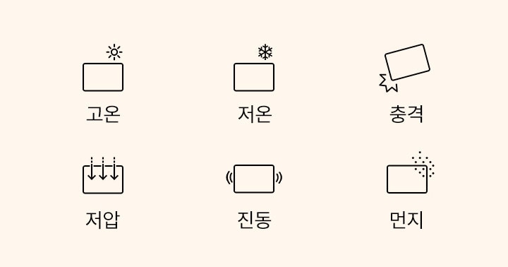 고온, 저온, 충격, 저압, 진동, 먼지를 나타내는 아이콘들이 나열되어 있습니다. 각 아이콘은 해당 조건을 상징하는 그림과 함께 텍스트로 설명되어 있습니다. 