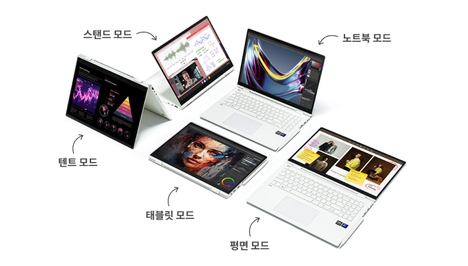 노트북이_다양한_모드로_변형된_모습이_있습니다._스탠드_모드,_노트북_모드,_텐트_모드,_태블릿_모드,_평면_모드라는_텍스트가_각_모드에_맞춰_표시되어_있습니다._각_모드의_화면에는_다양한_콘텐츠가_나타나_있습니다.