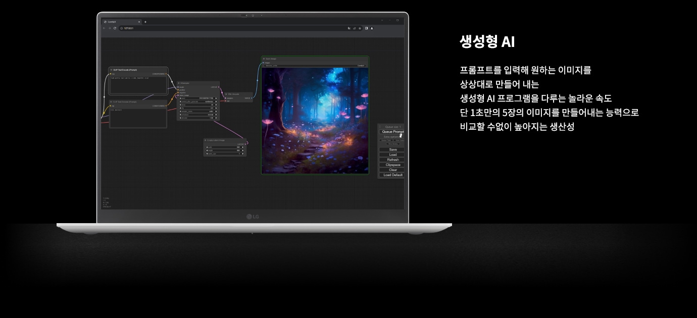 노트북 화면에는 생성형 AI 프로그램의 인터페이스가 표시되어 있으며, 환상적인 숲의 이미지가 생성된 모습이 보입니다. 화면 옆에는 생성형 AI라는 제목과 함께, 프롬프트를 입력해 원하는 이미지를 상상대로 만들어 내는 생성형 AI 프로그램을 다루는 놀라운 속도, 단 1초만의 5장의 이미지를 만들어내는 능력으로 비교할 수 없이 높아지는 생산성이라는 설명이 있습니다.