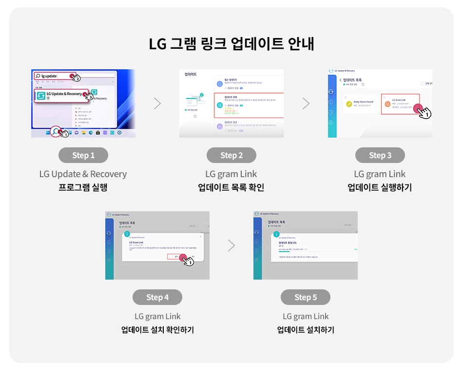 LG 그램 링크 업데이트 안내 이미지입니다. Step 1에서는 LG Update & Recovery 프로그램 실행을 안내하고 있으며, 프로그램 창이 열려 있습니다. Step 2에서는 LG gram Link 업데이트 목록 확인을 설명하며, 업데이트 목록이 표시된 화면이 보입니다. Step 3에서는 LG gram Link 업데이트 실행하기를 안내하며, 실행 버튼을 클릭하는 장면이 있습니다. Step 4에서는 LG gram Link 업데이트 설치 확인하기를 설명하며, 설치 확인 창이 나타나 있습니다. Step 5에서는 LG gram Li