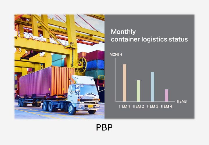 컨테이너를 실은 트럭이 항구에 정박해 있으며, 크레인이 보입니다. 그래프는 Monthly container logistics status라는 제목과 함께 있으며, MONTH와 ITEMS라는 축이 있습니다. ITEM 1부터 ITEM 4까지의 막대 그래프가 각각 다른 색상으로 표시되어 있습니다. 아래에는 PBP라는 텍스트가 있습니다.