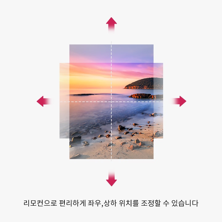 바다와 해변이 있는 풍경 사진 위에 네 개의 화살표가 배치되어 있으며, 화살표는 상하좌우 방향을 가리키고 있습니다. 사진 아래에는 리모컨으로 편리하게 좌우, 상하 위치를 조정할 수 있습니다라는 문구가 적혀 있습니다.