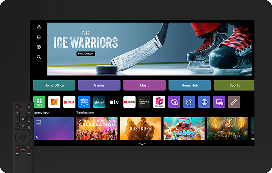 TV 화면에는 THE ICE WARRIORS라는 텍스트와 함께 아이스하키 스틱과 스케이트가 보입니다. 화면 아래에는 Home Office, Games, Music, Home Hub, Sports 등의 메뉴가 있습니다. 여러 앱 아이콘이 나열되어 있으며, CH, Netflix, Prime Video, Disney+, YouTube 등이 포함되어 있습니다. 하단에는 Recent Input과 Trending now 섹션이 있으며, 다양한 콘텐츠의 이미지가 표시되어 있습니다. 화면 왼쪽에는 리모컨이 보입니다.